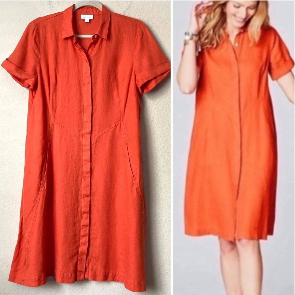 J. Jill Love Linen Orange Short Sleeve Shirtdress Boho Beachy Lagenlook